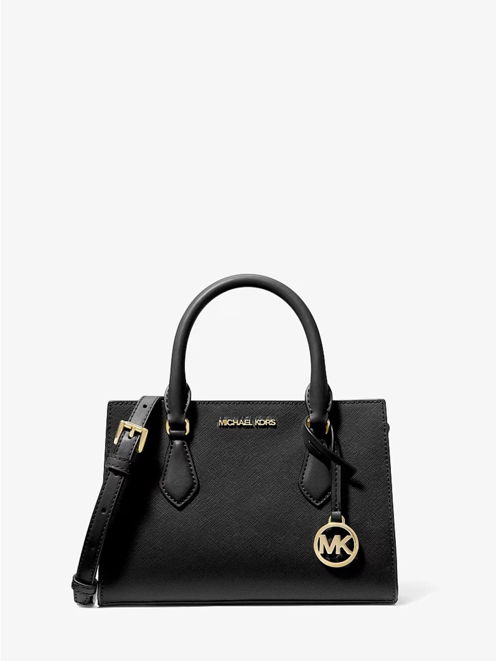 Michael Kors Black Mini Saffiano Satchel with Gold Logo Charm